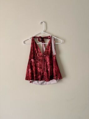 Women's Red Floral Halter Satin Tank Top